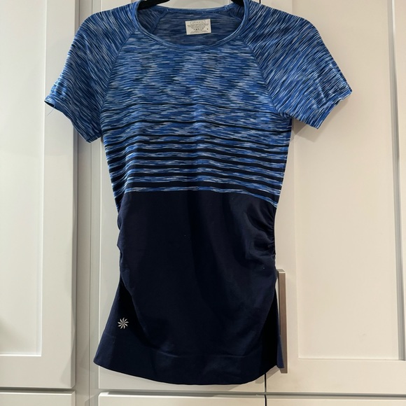 Athleta Tops - Athleta Navy and White Striped Athletic T-Shirt with Ruched Sides Small